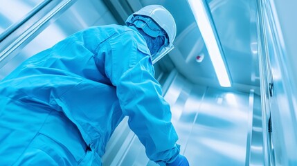 Poster - Elevator Technician at Work, servicing and maintaining elevators in a high-rise building, ensuring safety and efficiency in vertical transportation systems, skilled troubleshooting and repairs