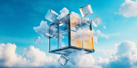Poster - A mesmerizing fractal structure emerges, showcasing a colossal cube comprised of numerous smaller cubes, suspended in an endless void filled with fluffy clouds and a vibrant sky