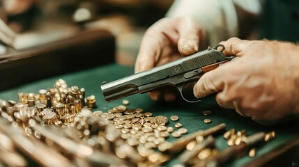 Poster - Gunsmith Precision Work, a skilled artisan meticulously adjusting mechanical components to enhance the performance and reliability of firearms in a focused workshop setting