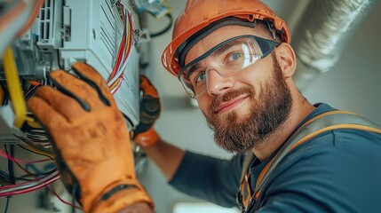 Poster - HVAC Technician at Work, skilled technician addressing climate control systems, ensuring comfort in a busy office environment, focused on repair and maintenance tasks
