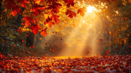 Wall Mural - glowing autumn sunrise illuminating vibrant foliage in a tranquil forest