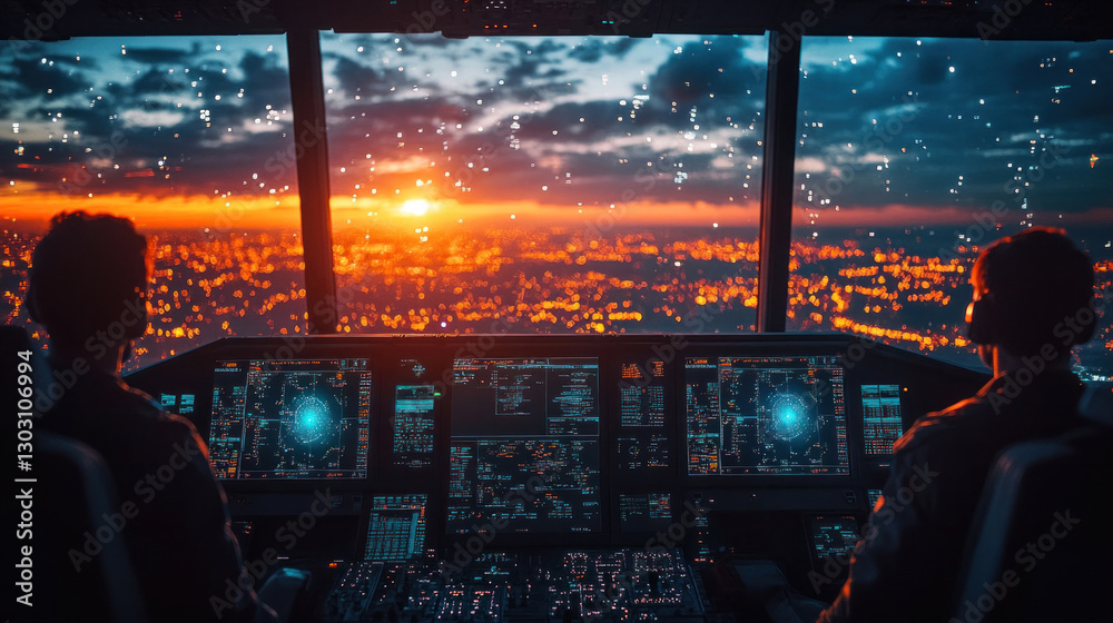 Flight systems engineers programming AI-powered real-time flight path ...