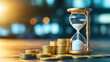 © Quality One   - concept of time and money is illustrated with hourglass and gold coins, symbolizing value of time. warm light adds sense of urgency and importance