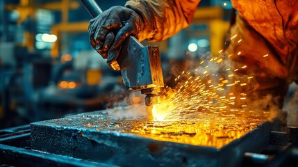 Poster - Metal Caster Creating Complex Shapes, skilled artisans pouring molten metal into molds, intricate designs taking form, showcasing craftsmanship in an industrial setting