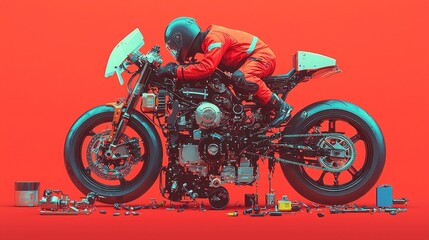 Poster - Dynamic Motorcycle Mechanic Performing Engine Tuning, enhancing performance of high-speed machines, bold black outlines, simple colors, pop art style, cool neon palette
