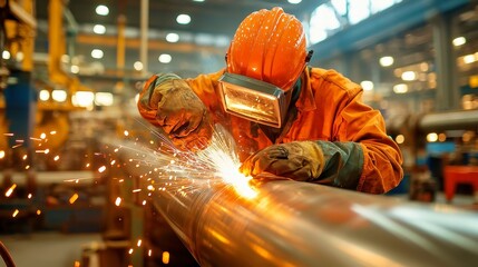 Poster - Pipefitter at Work, skilled tradesperson expertly installing and welding high-pressure pipes in an industrial refinery, ensuring precision and safety in a demanding environment