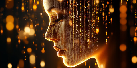 Fototapete - A captivating digital matrix envelops a serene silhouette, where cascading symbols blend with holographic sparks, creating an ethereal glow
