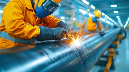 Poster - Pipeliner Welding Oil Pipes, skilled workers expertly joining massive pipelines, ensuring efficient resource transport, showcasing teamwork and precision in a dynamic industrial setting