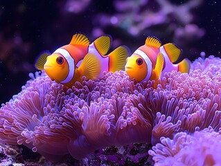Wall Mural - Serene Clownfish Glowing Amidst Vibrant Anemone Tentacles in Crystal Clear Aquarium