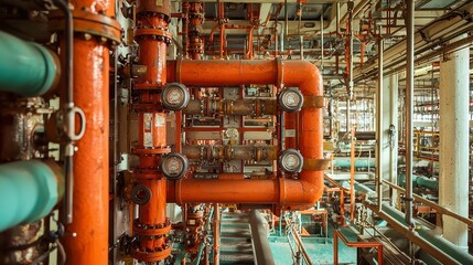 Poster - Industrial Plumber at Work, expertly repairing and maintaining intricate piping systems in a vast industrial facility, demonstrating skill and precision in a dynamic environment