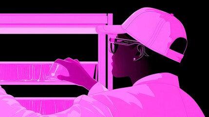 Poster - Refrigeration Technician Repairing Cooling Systems, vibrant pop art style, bold black outlines, solid colors, geometric design, cool neon color palette, focus on food preservation and climate control