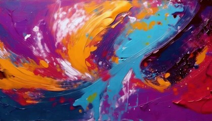 Poster - vibrant abstract expressionism painting with bold brushstrokes of yellow, blue, and magenta on a textured purple canvas

