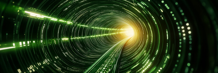 Fototapete - A mesmerizing digital matrix unfolds with cascading symbols and striking holographic effects, transporting viewers through a hypnotic tunnel of light and motion, inviting exploration