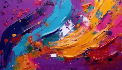 Poster - vibrant abstract expressionism painting with bold brushstrokes of yellow, blue, and magenta on a textured purple canvas

