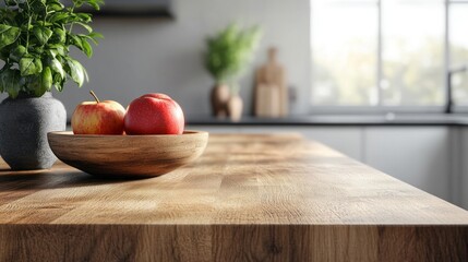 Poster - On a warm, sunlit kitchen counter, two vibrant apples rest in a wooden bowl beside fresh greenery. The inviting atmosphere creates a sense of home and comfort