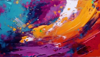 Poster - vibrant abstract expressionism painting with bold brushstrokes of yellow, blue, and magenta on a textured purple canvas

