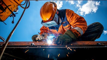 Poster - Steelworker Assembling Skyscraper Framework, focused on welding and constructing robust steel structures, showcasing skilled craftsmanship in an industrial urban environment.