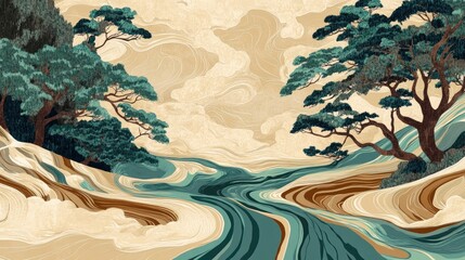 Wall Mural - artwork featuring the flowing lines of a river, with a background in beige and brown tones, accented by teal blue to depict the water flow
