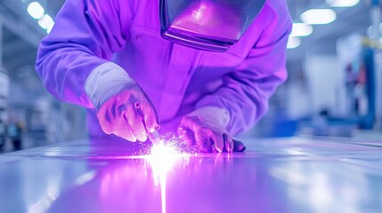 Poster - Aerospace TIG Welding Precision, showcasing expert joining of thin metal sheets in a minimalist facility, emphasizing a clean and simple environment with ample free space