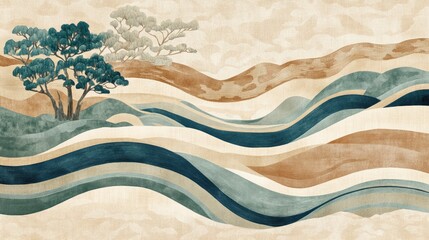 Wall Mural - artwork featuring the flowing lines of a river, with a background in beige and brown tones, accented by teal blue to depict the water flow