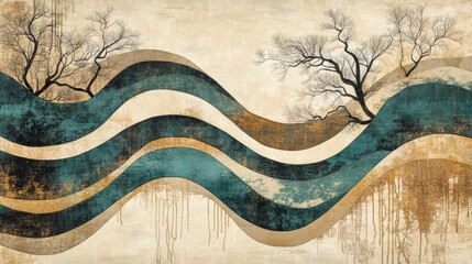 Wall Mural - artwork featuring the flowing lines of a river, with a background in beige and brown tones, accented by teal blue to depict the water flow