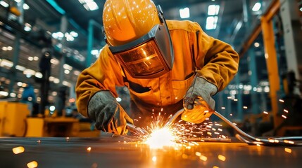 Poster - Skilled Welder Shaping Metal, fusing components with precision in a high-temperature workshop, focused on ensuring structural integrity and safety in every weld