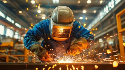 Poster - Welder in Action, expertly fusing metal with precision in a high-temperature workshop, focused on maintaining structural integrity and craftsmanship amidst intense heat