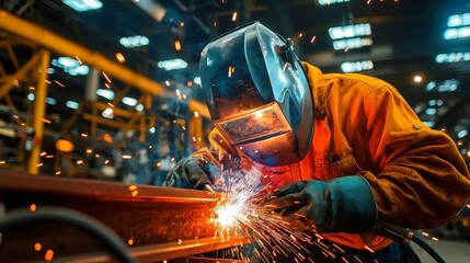 Poster - Skilled Welder in Action, expertly fusing metal parts in a high-temperature workshop, showcasing craftsmanship and dedication to structural integrity
