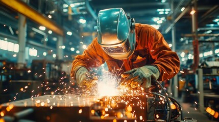 Poster - Metalworker in Action, skillfully fusing metal pieces in a high-temperature workshop, focused on precision and maintaining structural integrity amidst intense heat and sparks