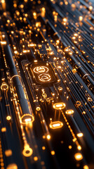 Fototapete - A captivating digital landscape unfolds with symbols cascading through a matrix-like environment, illuminated by shimmering holographic effects