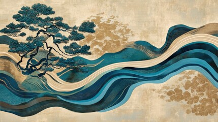Wall Mural - artwork featuring the flowing lines of a river, with a background in beige and brown tones, accented by teal blue to depict the water flow