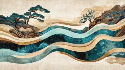 Wall Mural - artwork featuring the flowing lines of a river, with a background in beige and brown tones, accented by teal blue to depict the water flow