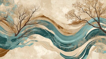 Wall Mural - artwork featuring the flowing lines of a river, with a background in beige and brown tones, accented by teal blue to depict the water flow
