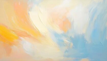 Poster - soft pastel abstract oil painting with blue, yellow, and orange brushstrokes blending into a dreamy atmospheric composition

