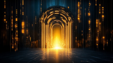 Fototapete - A captivating digital matrix showcases glowing symbols cascading through a dark corridor. Holographic effects illuminate the space, creating an enchanting atmosphere filled with mystery and wonder