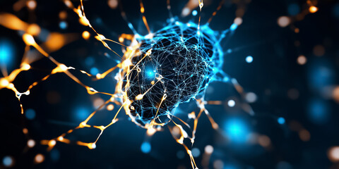 Poster - In a dark setting, a vibrant neural network is showcased with glowing connections, pulsating with energy. Vivid blues and yellows highlight the intricate web of artificial intelligence at work