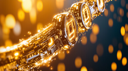 Fototapete - A captivating display of a digital matrix with cascading symbols creates a mesmerizing spectacle. Holographic effects amplify the futuristic atmosphere, enhancing the experience