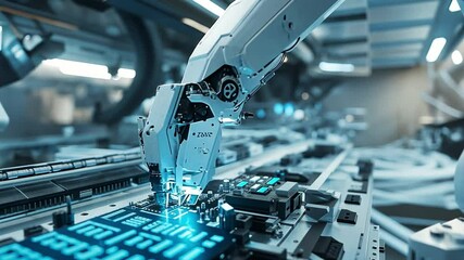 Poster - A robotic arm assembling electronics under precise LED lighting in a futuristic factory