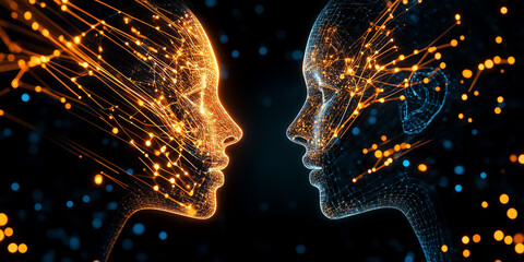 Poster - Two ethereal figures symbolizing AI face each other in a dim, glowing environment, illustrating the fusion of technology and consciousness through neural connections
