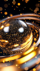 Fototapete - A spherical structure embodies a dynamic data matrix, featuring constantly shifting patterns that glow in golden shades. This captivating display merges technology and art