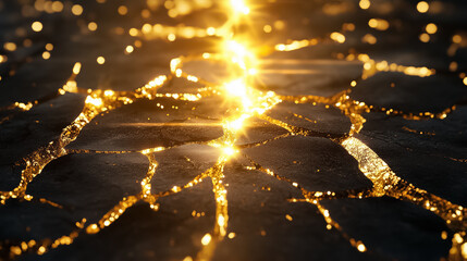 Poster - A stunning digital artwork showcases a cracked surface, where golden light bursts through the fissures, creating a captivating interplay of shadow and brilliance