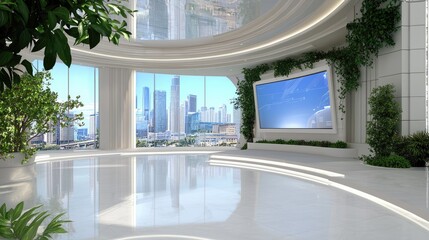 Poster - a futuristic news set design, highlighting technology and innovation in broadcasting.