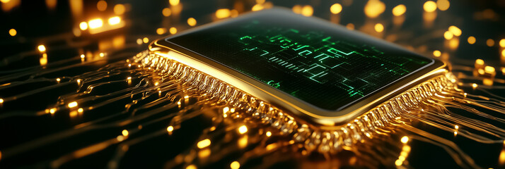 Fototapete - In a captivating display of technology, symbols cascade through a shimmering digital matrix, creating a mesmerizing effect of light and movement. The environment pulses with a high-tech aura
