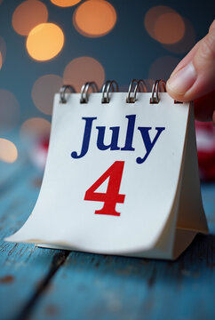Close-up of calendar displaying july 4th with festive bokeh background