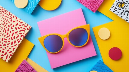 Poster - retro sunglasses pop: a pair of yellow-framed sunglasses with blue lenses rest on a pink rectangle, 