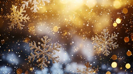 Poster - winter wonderland: shimmering snowflakes dance against a backdrop of warm, golden bokeh lights, capt