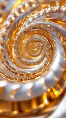 Poster - Discover the mesmerizing beauty of a metallic spiral that extends infinitely, showcasing an intricate fractal pattern. The light reflection enhances its brilliant textures and details