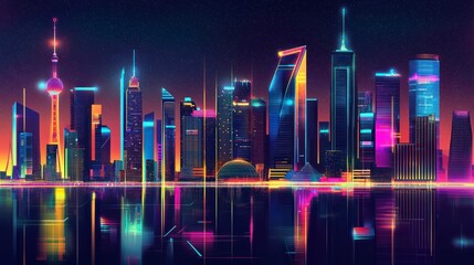Poster - neon cityscape: a futuristic cityscape bathed in vibrant neon lights, reflecting in the tranquil wat