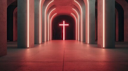 Poster - A dimly lit archway with glowing red lines highlights a central illuminated cross, creating a dramatic and spiritual atmosphere.