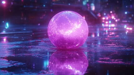Fototapete - A glowing pink orb reflects in a futuristic, neon-lit environment.